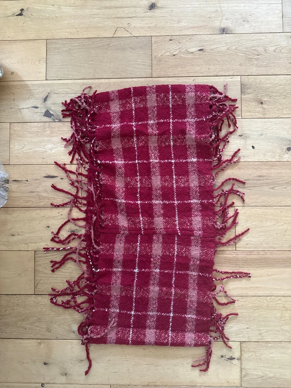 Red and White Checkered Scarf with Fringes