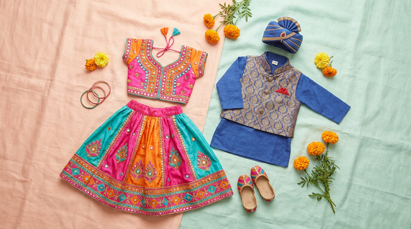 Flat lay of children's pre-loved South Asian festive outfits