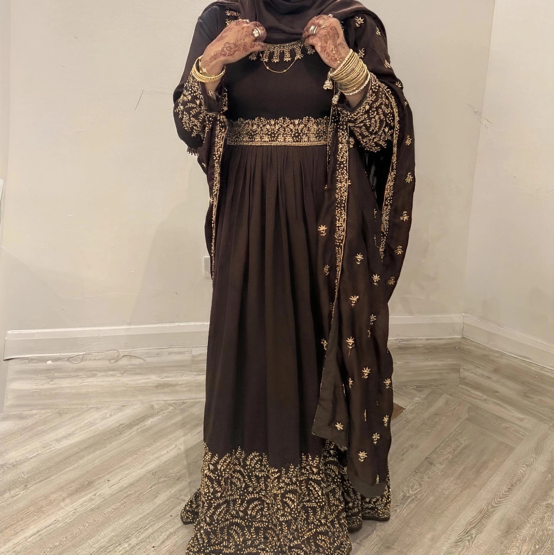 Brown Bridesmaid Anarkali Long Dress Embroidered Asian Wedding, Formal Occasion & Party Wear Size 38