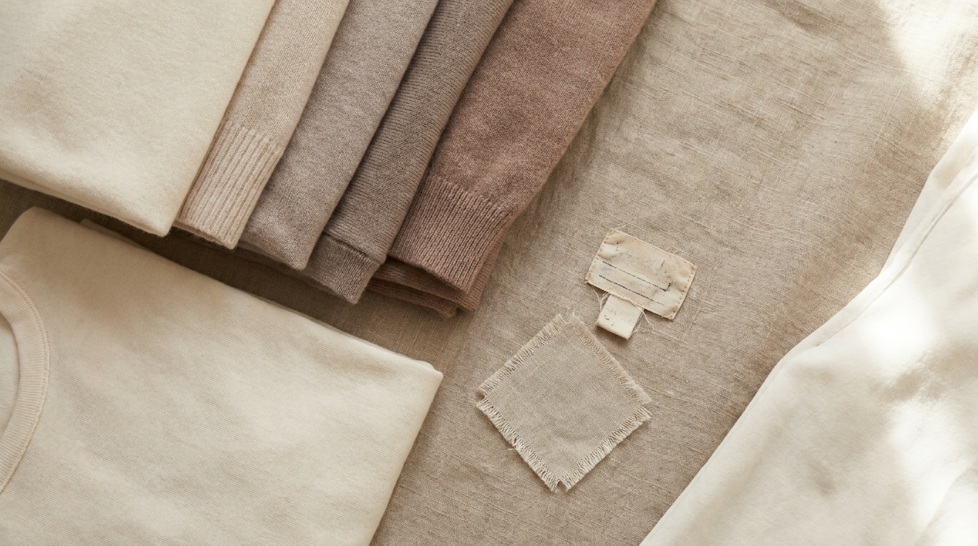 Folded pre-loved garments showing different conditions, flat lay
