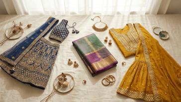 South Asian wedding guest outfit ideas flat lay