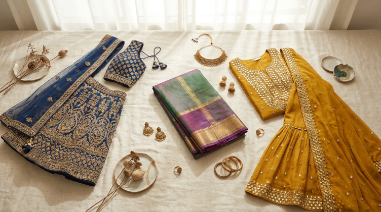 What to wear to an Asian wedding - guest outfit ideas flat lay
