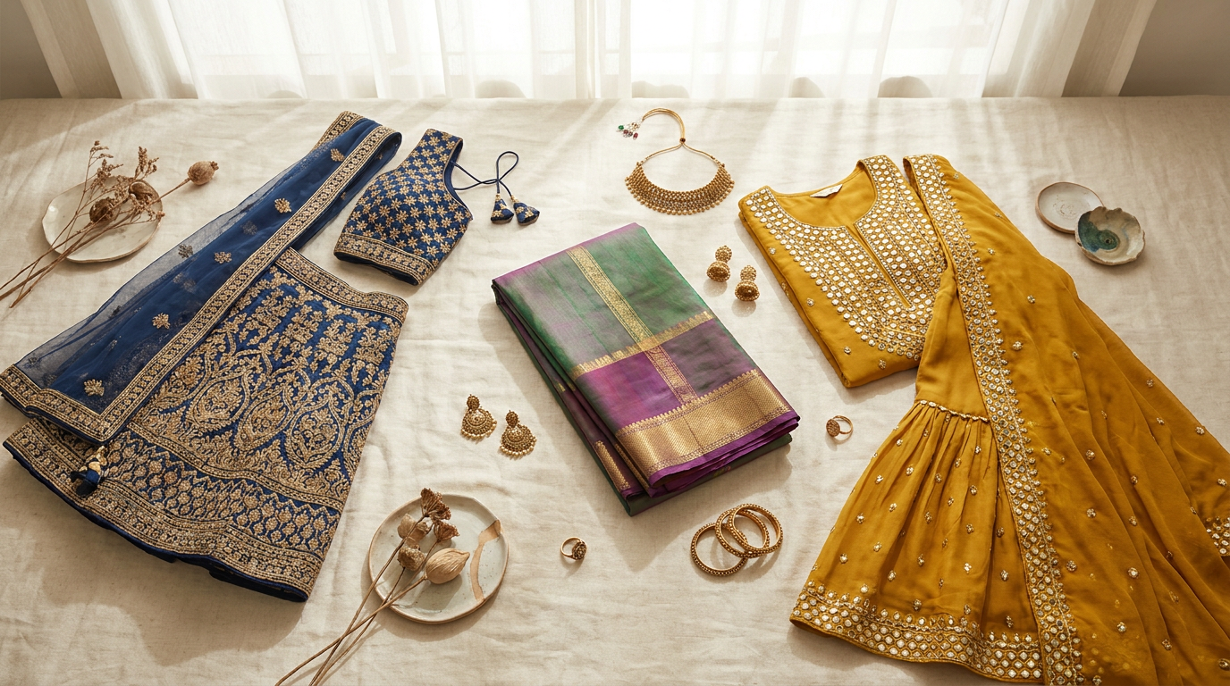 South Asian wedding guest outfit ideas flat lay