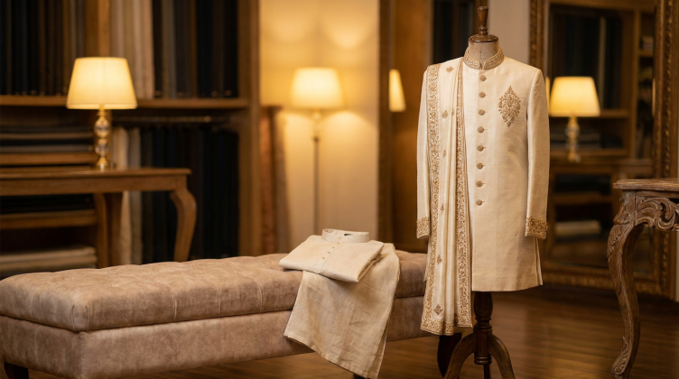 Pre-loved cream and gold groom sherwani on a stand