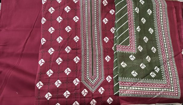 Unstitched Maroon Lawn Fabric with White Geometric Print
