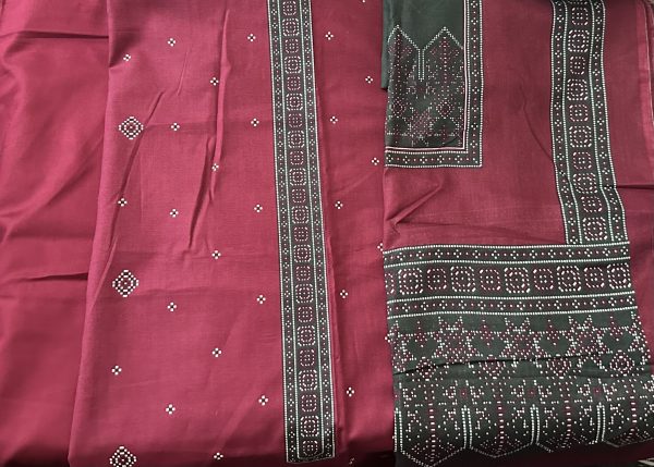 Unstitched 3-piece Maroon Suit with Geometric Print