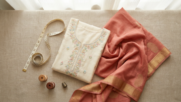 Measuring tape with folded South Asian clothing flat lay