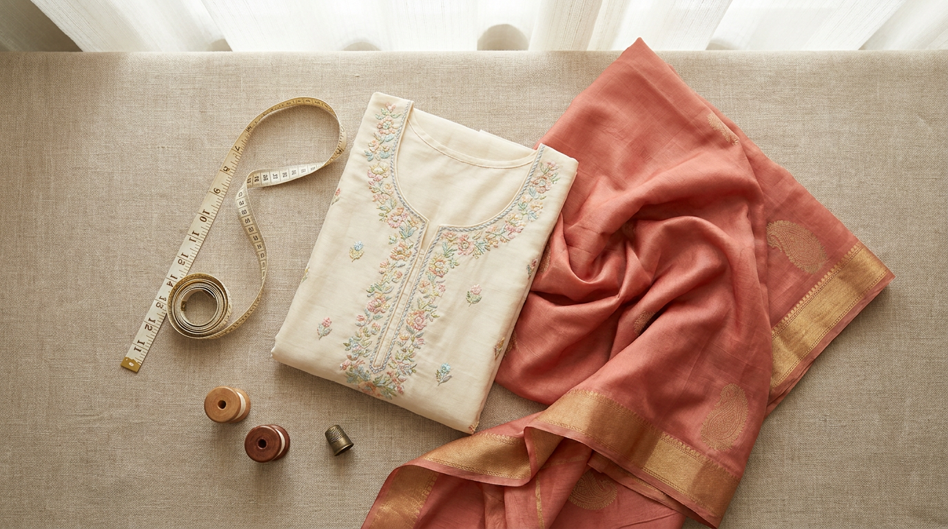Measuring tape with folded South Asian clothing flat lay