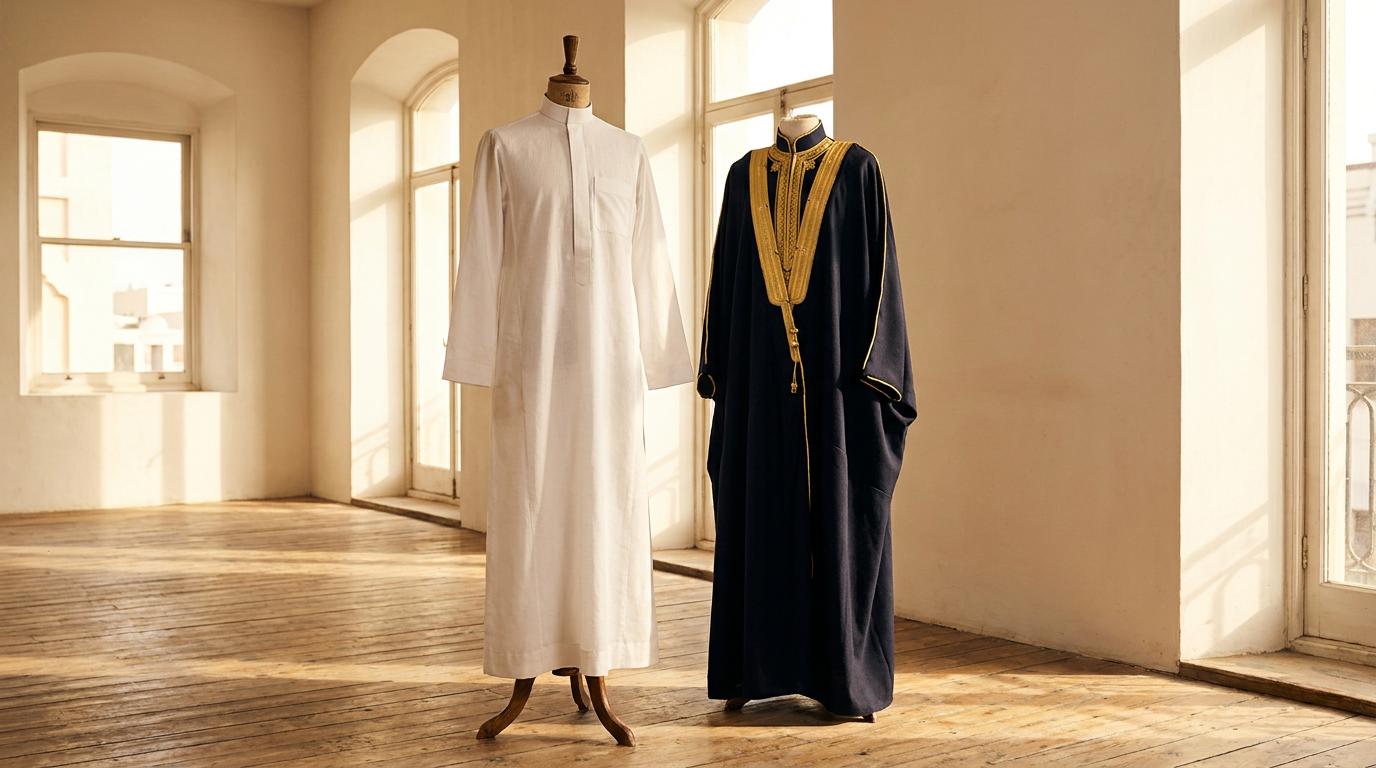 Preloved white thobe and formal bisht on display