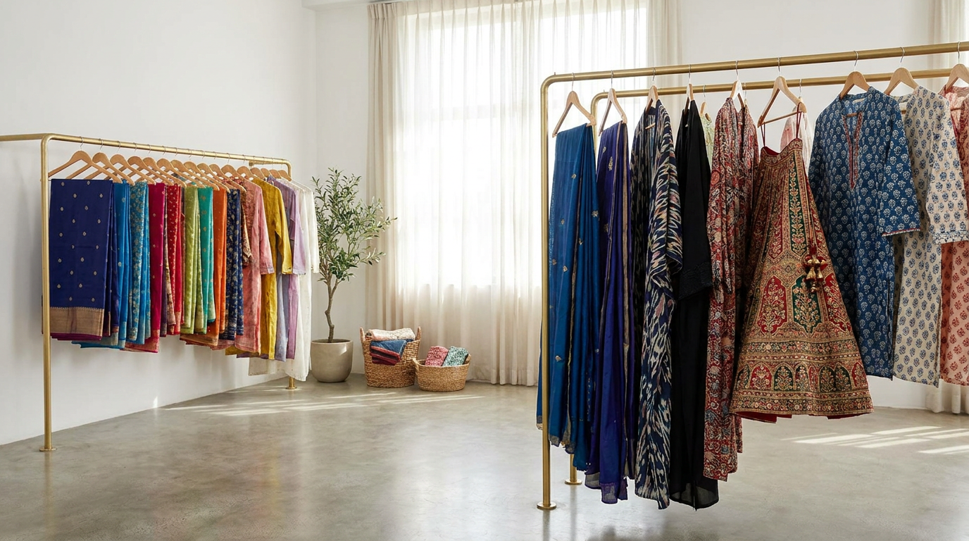 A rail of colourful pre-loved South Asian and modest outfits