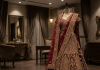 Pre-loved red and gold bridal lehenga on display