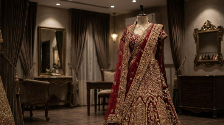 Pre-loved red and gold bridal lehenga on display