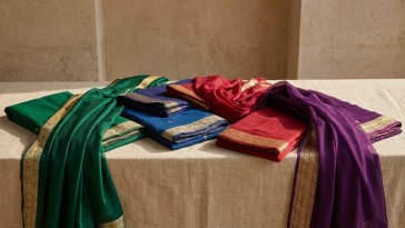 Preloved silk and georgette sarees arranged on a neutral background