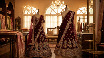 Pre-loved maroon and gold bridal lehenga in a boutique