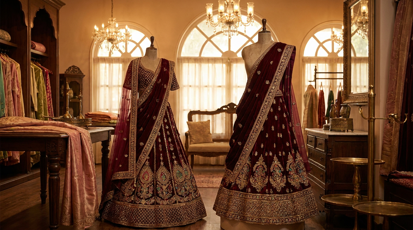 Pre-loved maroon and gold bridal lehenga in a boutique