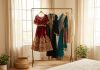 Rail of pre-loved South Asian and Middle Eastern outfits ready to sell