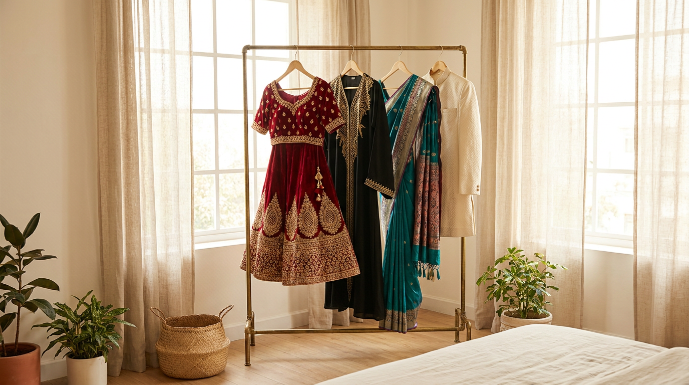 Rail of pre-loved South Asian and Middle Eastern outfits ready to sell