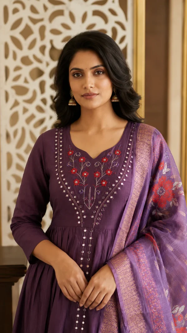 Purple Anarkali Suit with Floral Embroidery