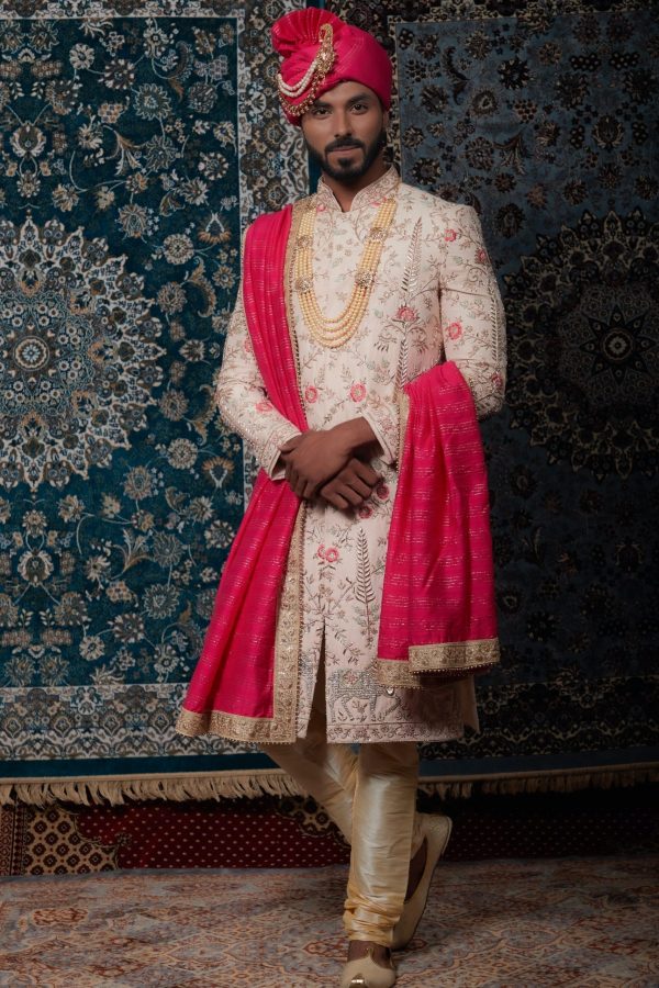 Men's Cream Sherwani with Pink Dupatta and Turban