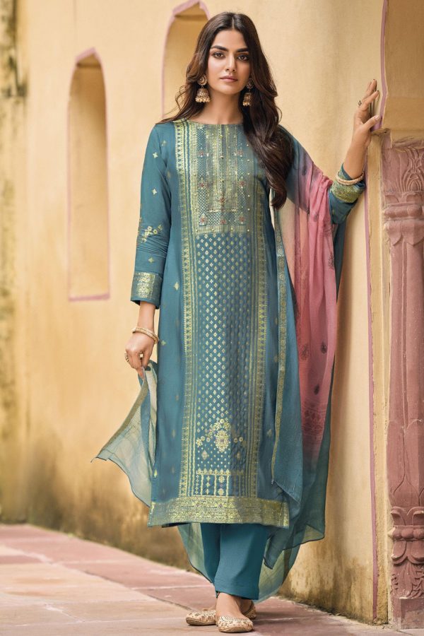 Teal and Gold Brocade Salwar Kameez with Pink Dupatta