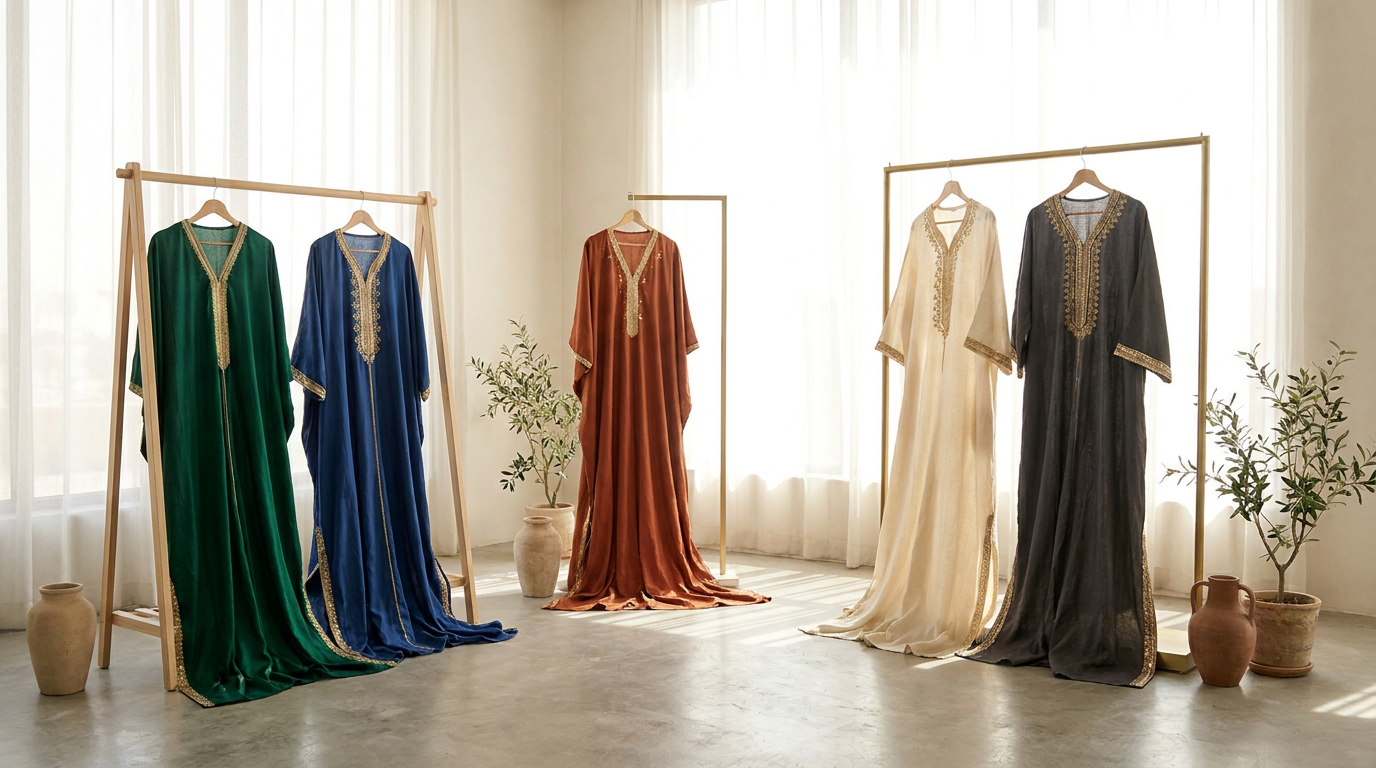 Preloved kaftans and jalabiyas draped on display