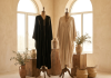 Pre-loved black abaya and beige kaftan on display