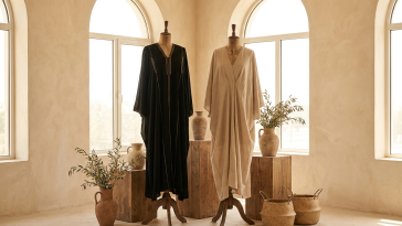 Pre-loved black abaya and beige kaftan on display