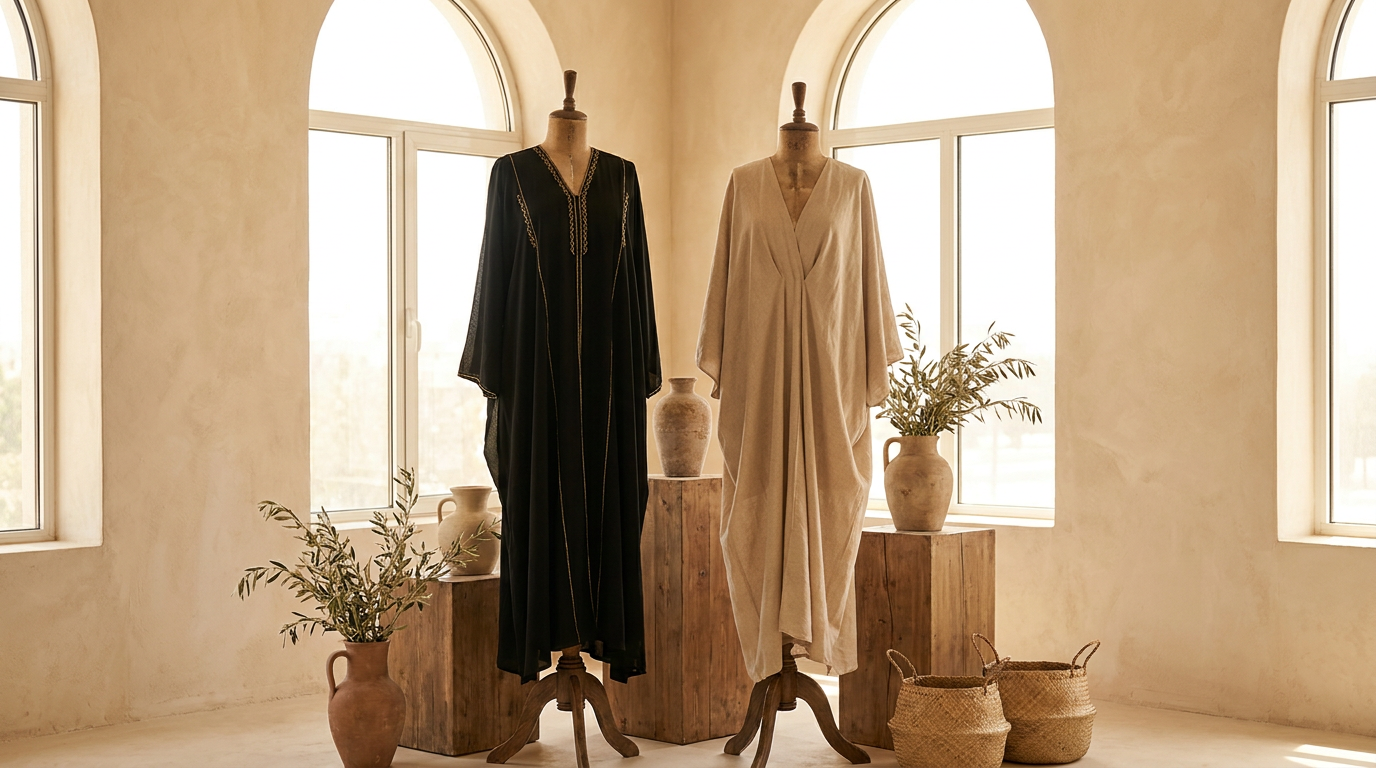Pre-loved black abaya and beige kaftan on display