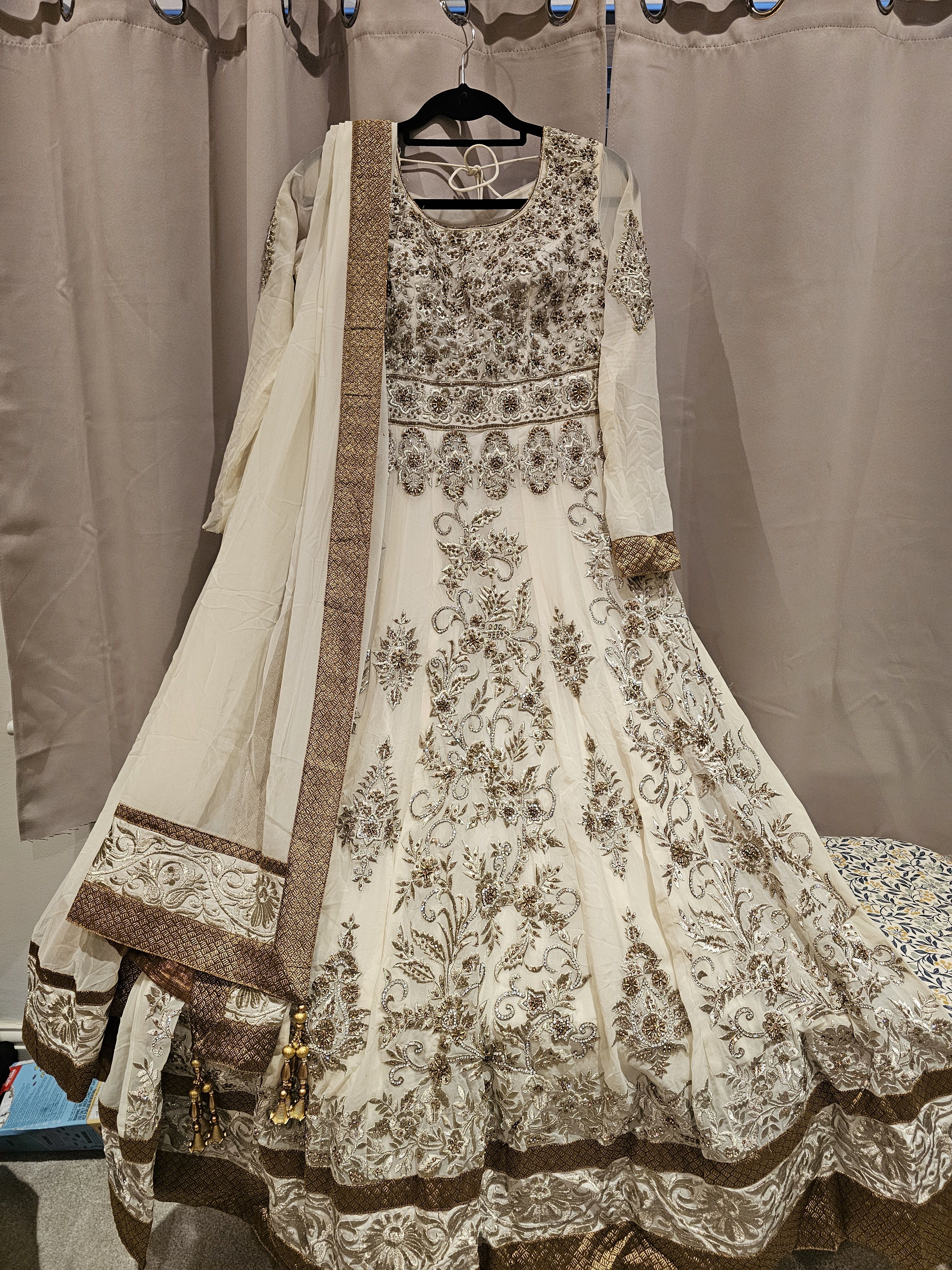 Ivory & Gold Heavily Embroidered Anarkali Size 10 - Image 2