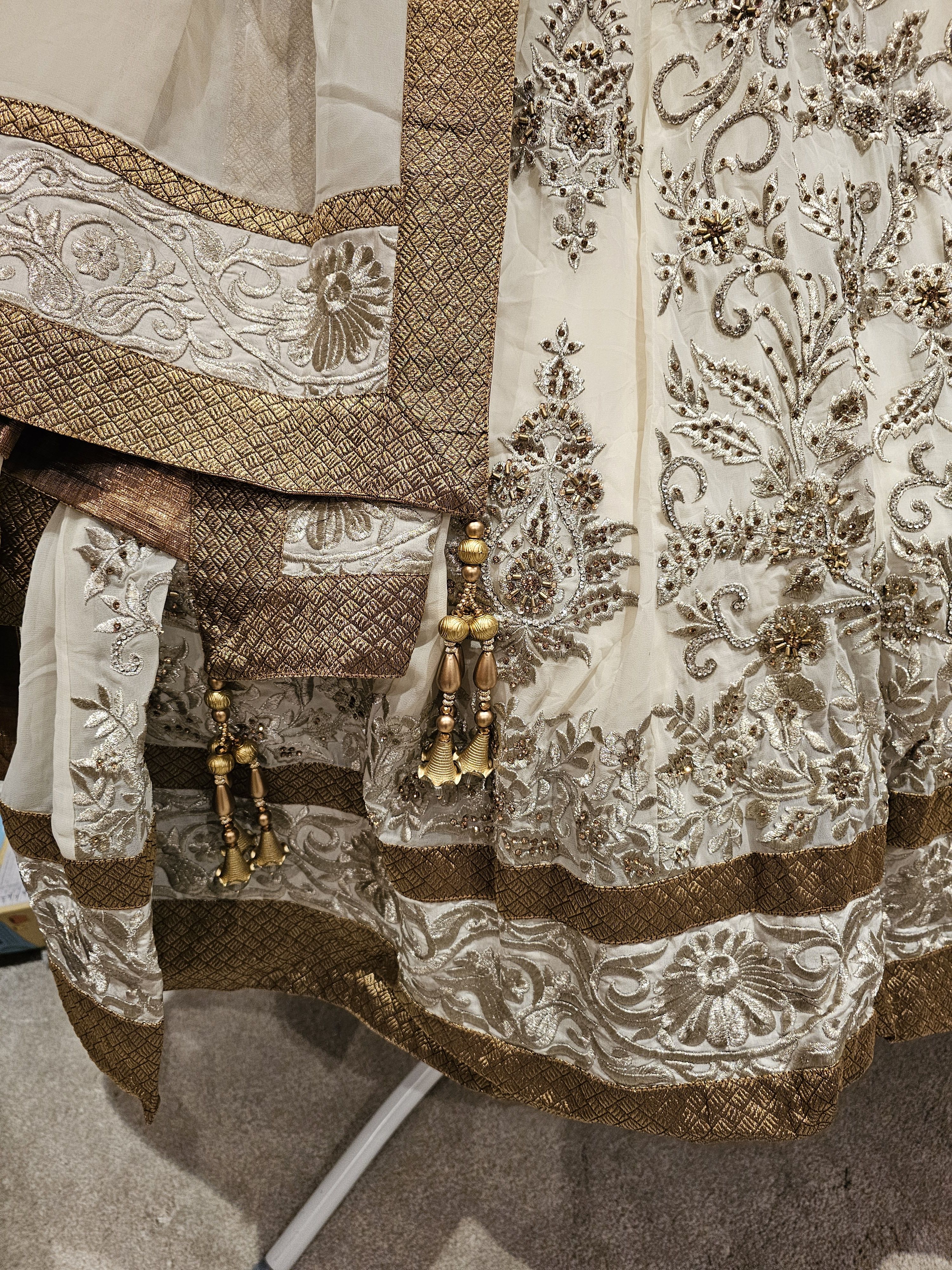 Ivory & Gold Heavily Embroidered Anarkali Size 10 - Image 4