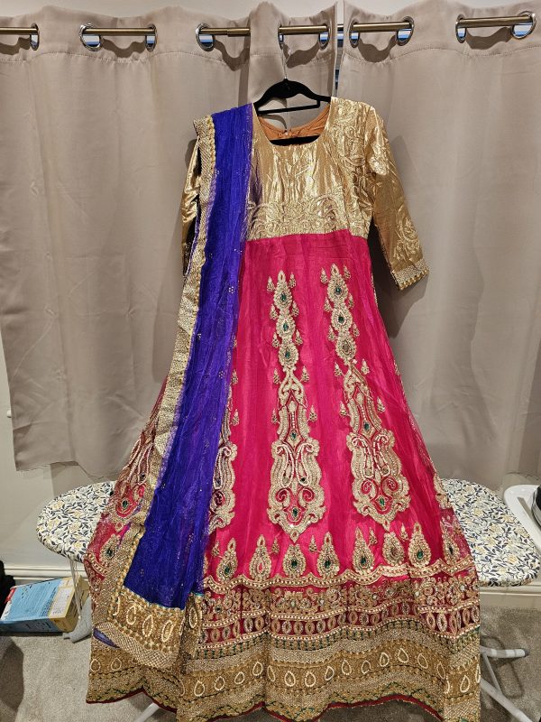 Pink Anarkali Suit with Gold Embroidery and Blue Dupatta