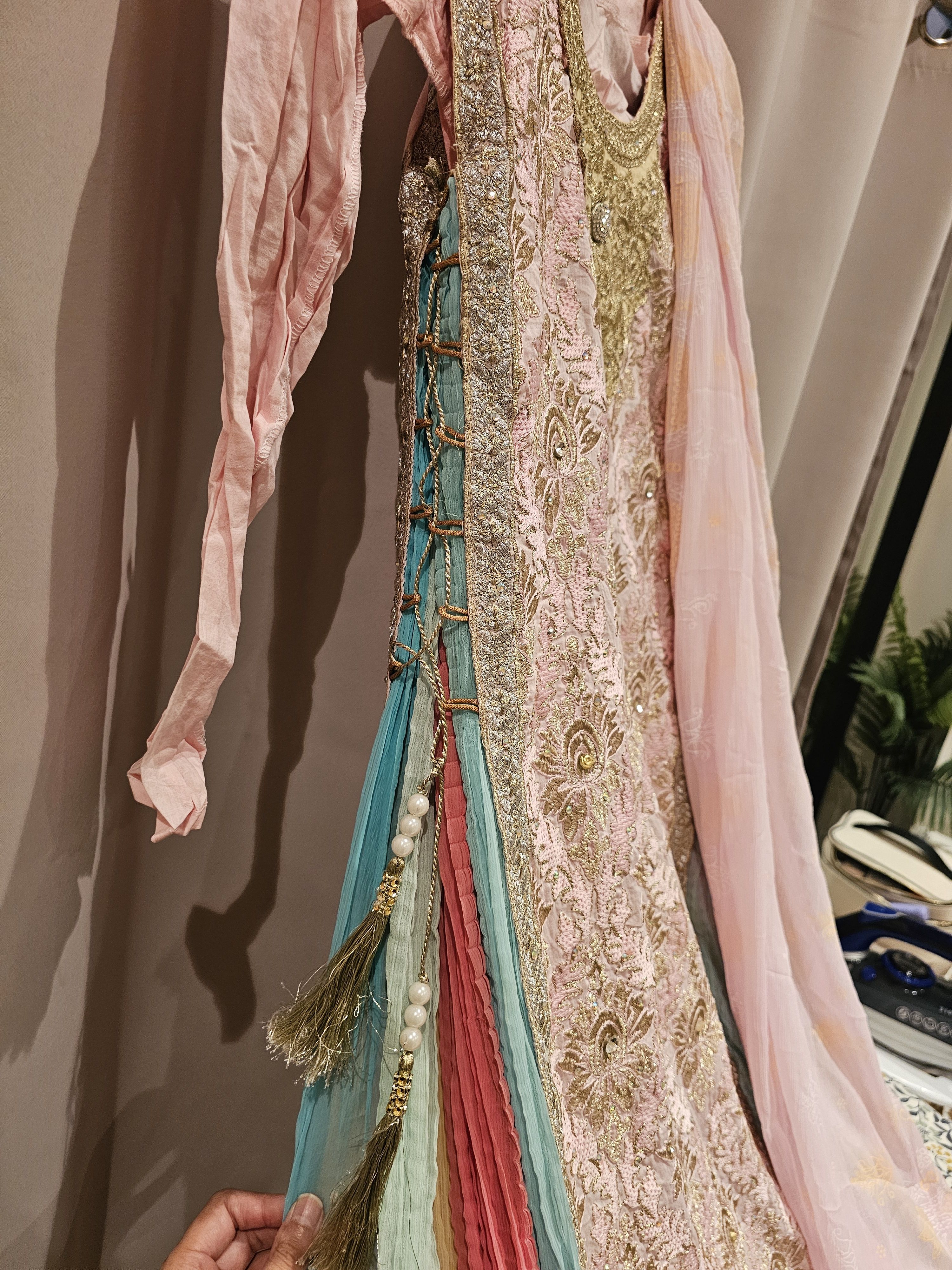 Pink Anarkali Suit with Gold Embroidery and Dupatta - Image 2