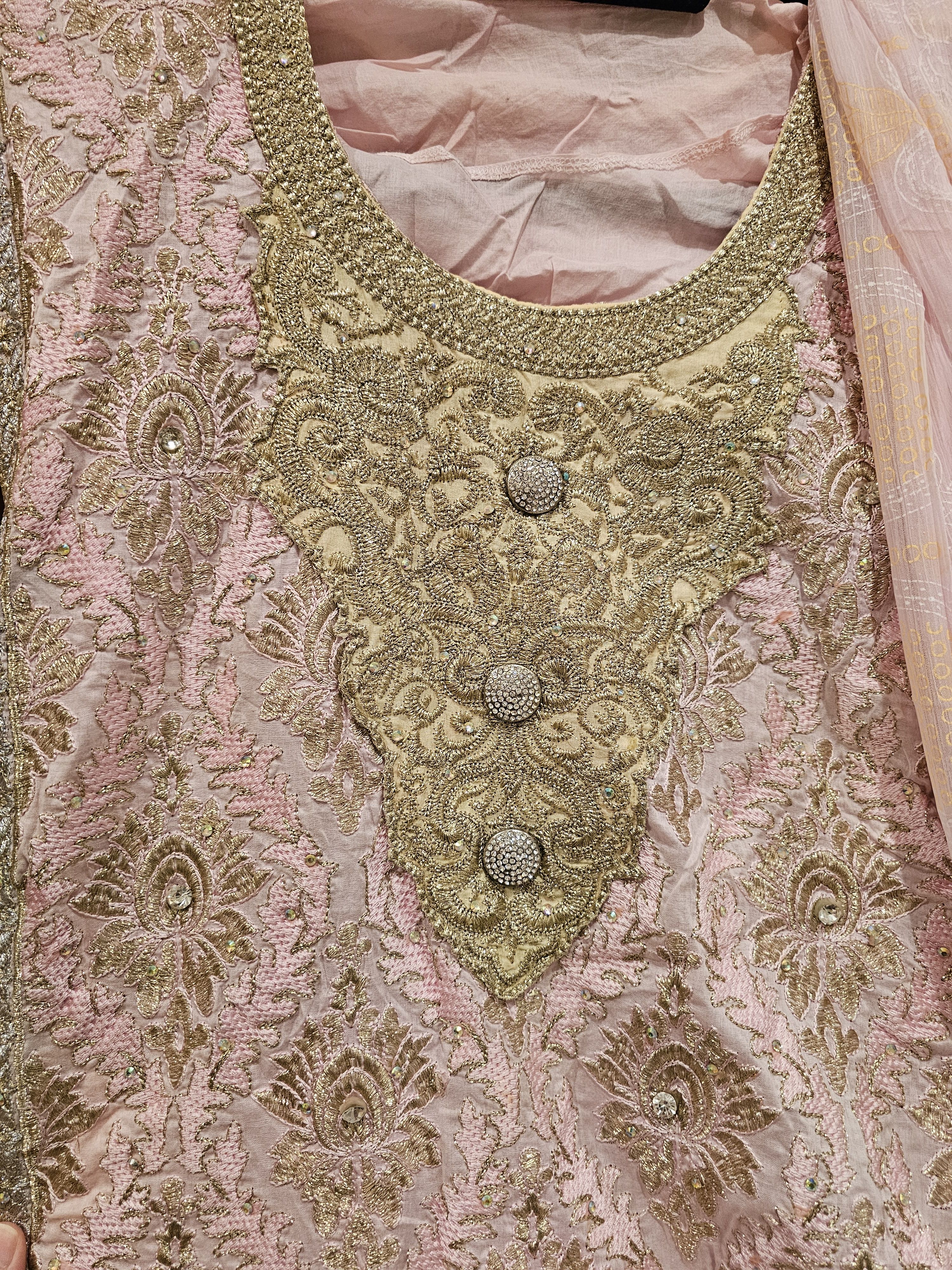 Pink Anarkali Suit with Gold Embroidery and Dupatta - Image 4