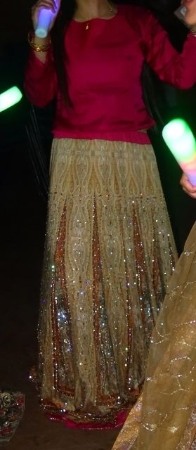 Heavily Embroidered Pale Yellow & GoldEmbellished Skirt & Cerise Pink Top Ghagra Choli Mehndi Size 8 - Image 3