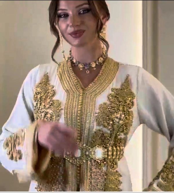 White Kaftan with Gold Embroidery and Belt