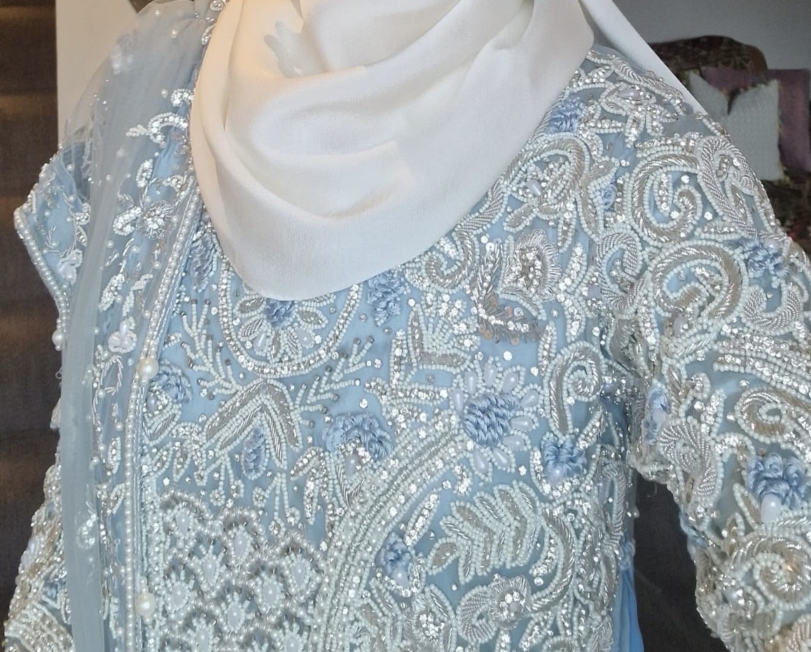 Light Blue Asian heavy party Suit with White Embroidery and Dupatta - Image 6
