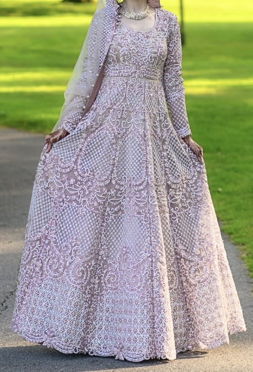 Bridal heavily embroidered pink and champagne full length dress and Dupatta - Image 5