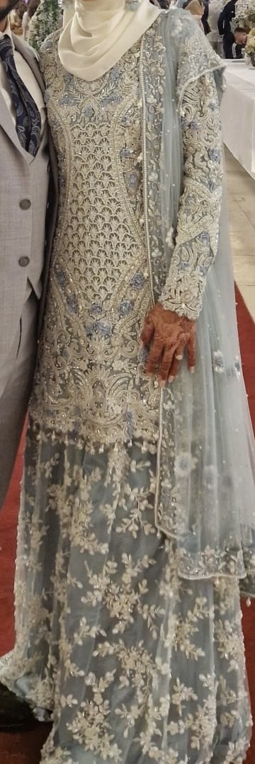 Light Blue Asian heavy party Suit with White Embroidery and Dupatta - Image 2