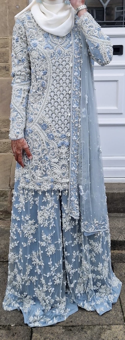 Light Blue Asian heavy party Suit with White Embroidery and Dupatta - Image 5
