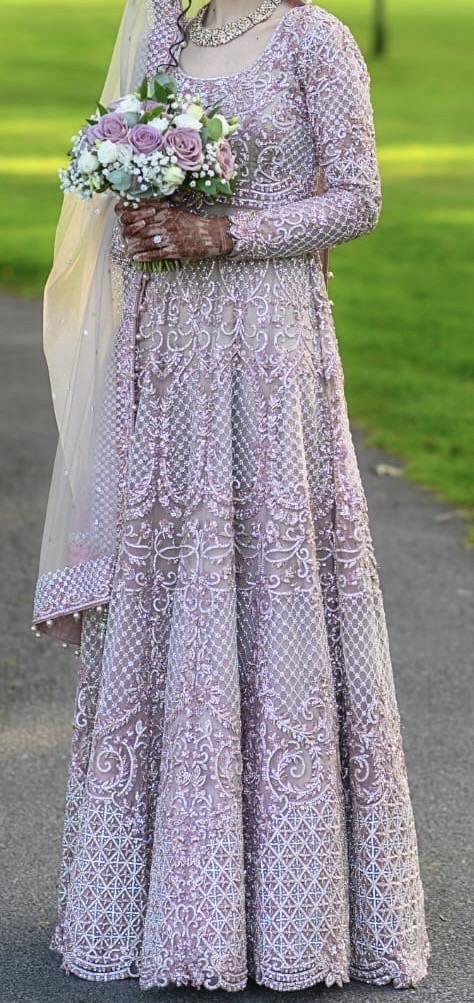 Bridal heavily embroidered pink and champagne full length dress and Dupatta - Image 4