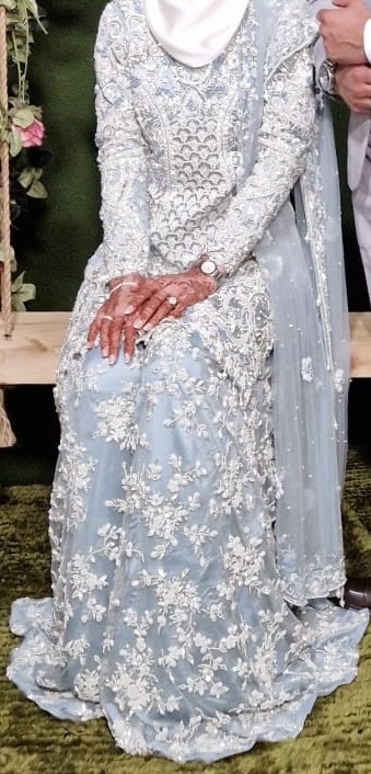 Light Blue Asian heavy party Suit with White Embroidery and Dupatta - Image 3