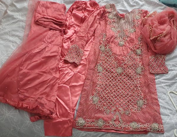 Embellished Pink Suit with Dupatta and Trousers/Lengha