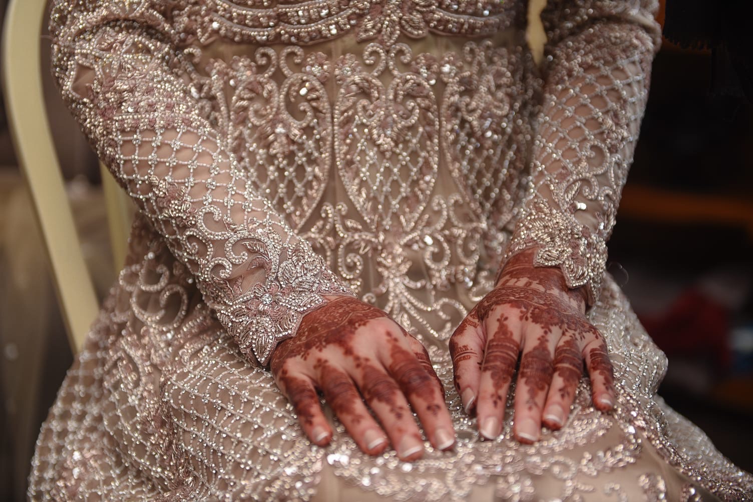 Bridal heavily embroidered pink and champagne full length dress and Dupatta - Image 7