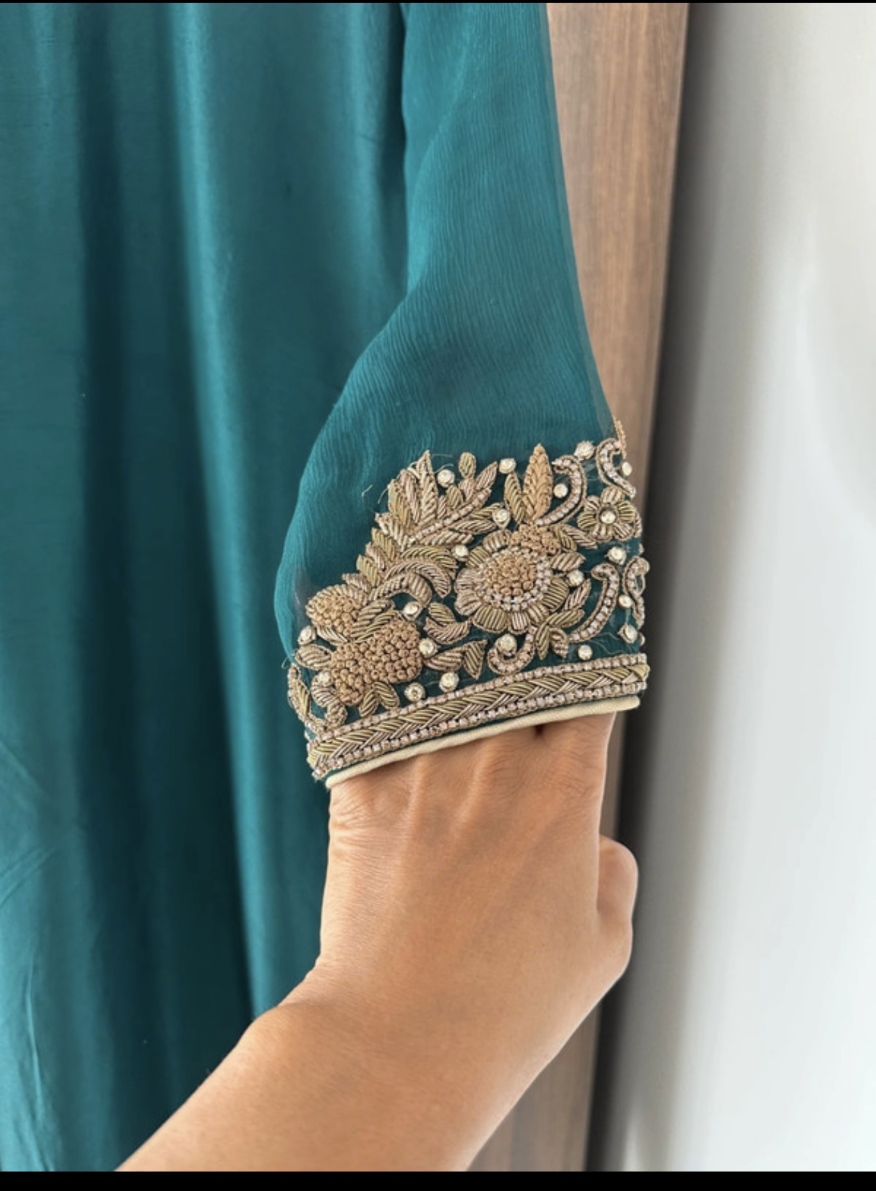 Teal Kurti with Gold Embroidery - Image 3