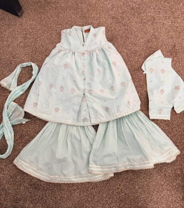 Girls Light Blue Gharara Set with Pink Floral Print