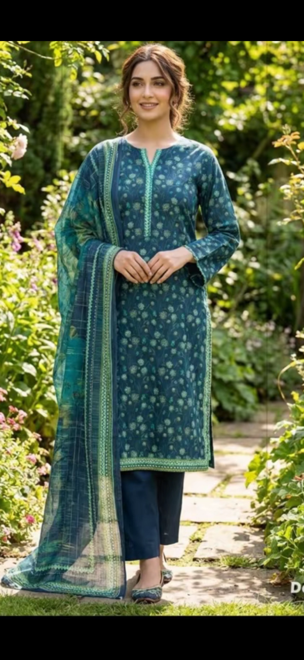 Teal floral print 3-piece Pakistani suit with dupatta