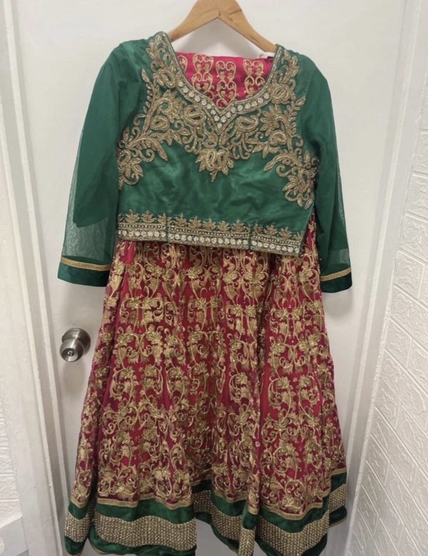Girls Lehenga Set with Green Top and Pink Skirt