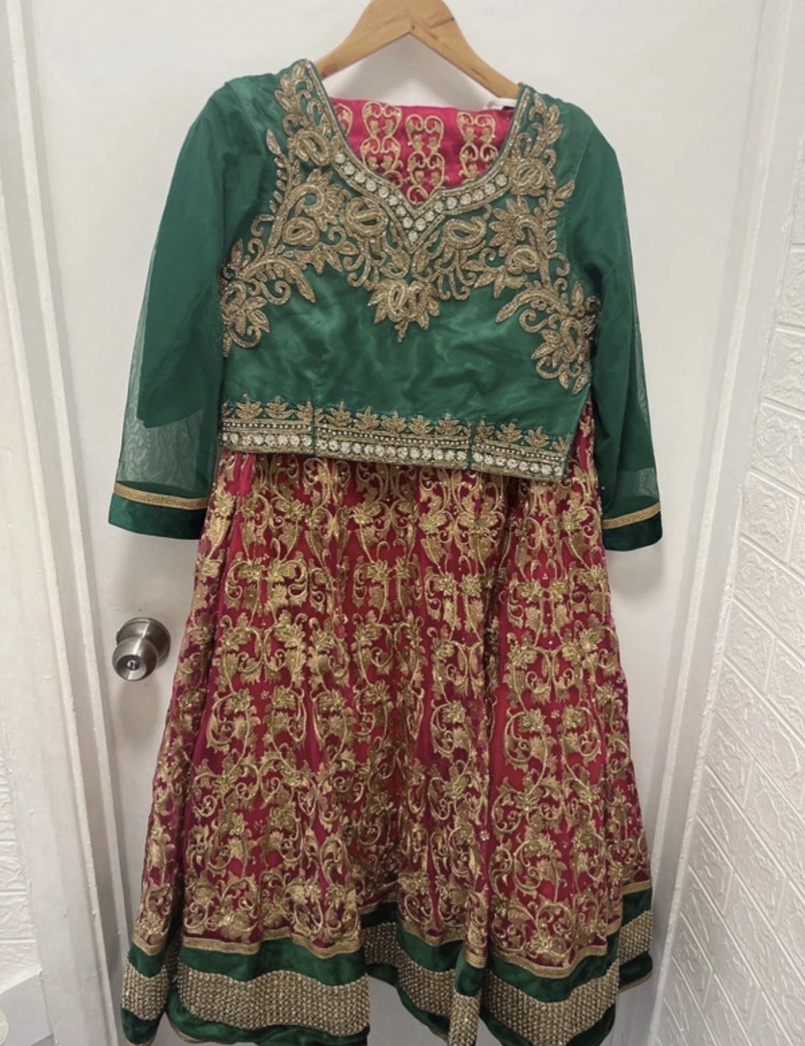 Girls Lehenga Set with Green Top and Pink Skirt