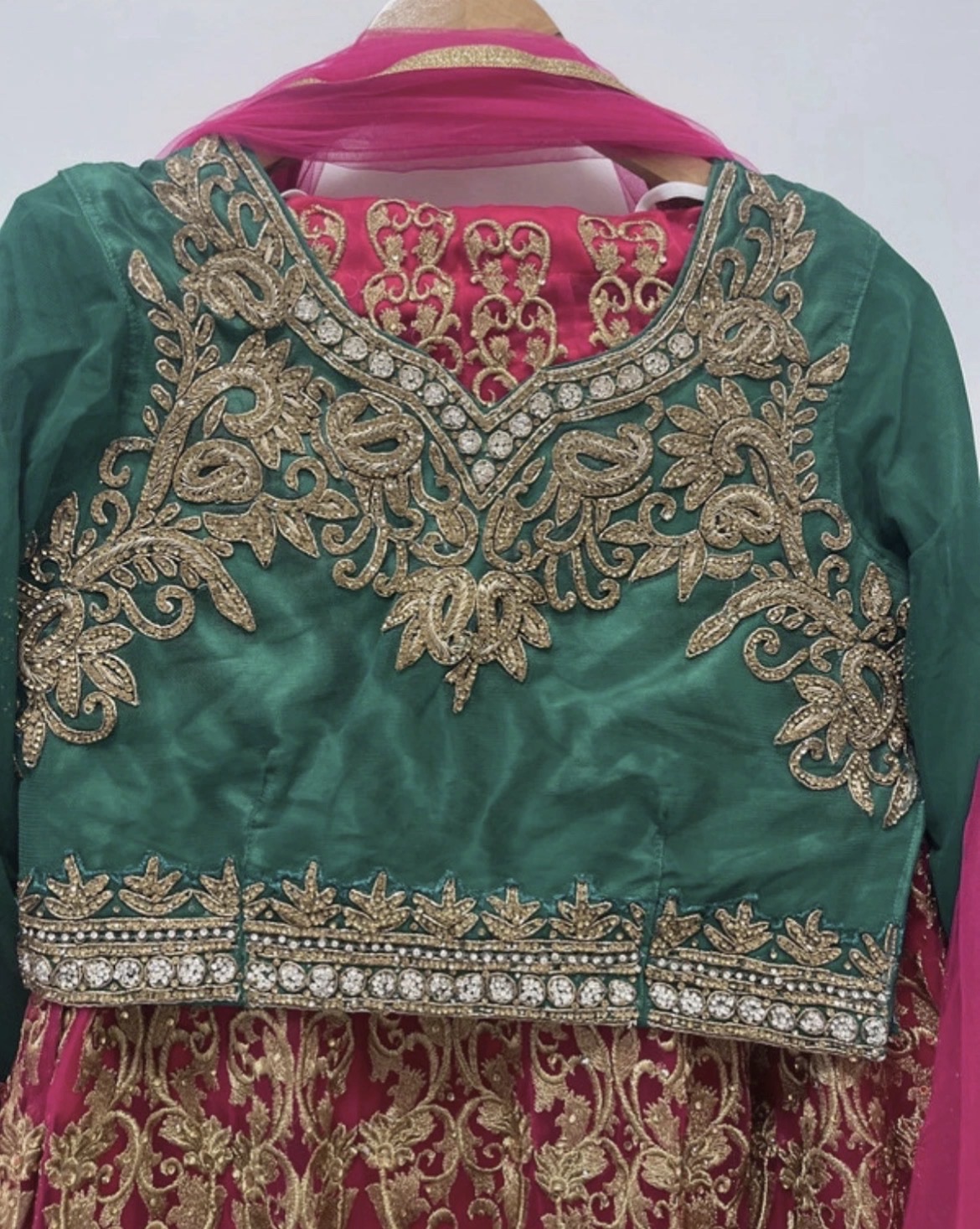 Girls Lehenga Set with Green Top and Pink Skirt - Image 2