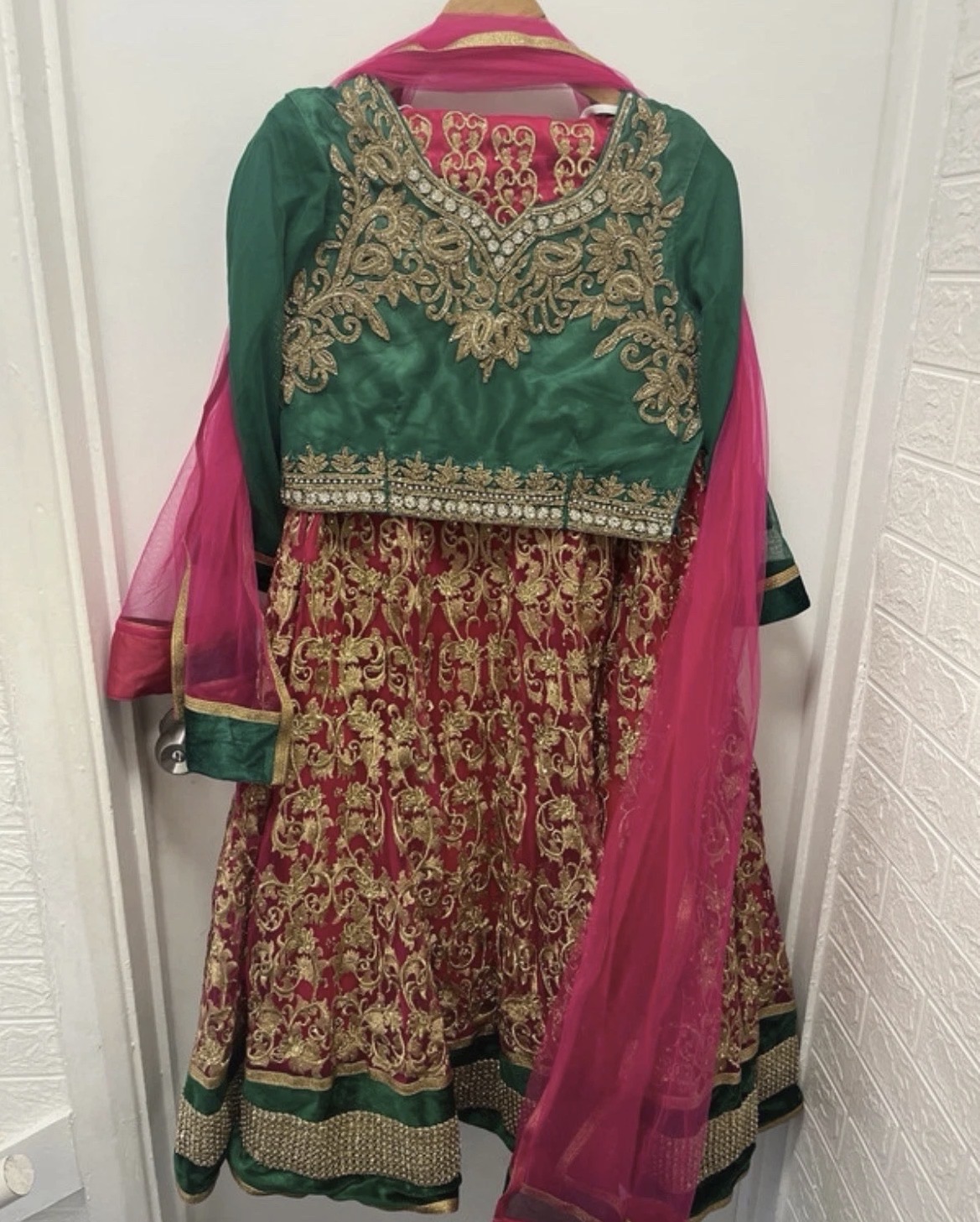 Girls Lehenga Set with Green Top and Pink Skirt - Image 4